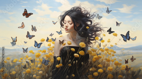 Mulher em um campo de flores cheio de borboletas 