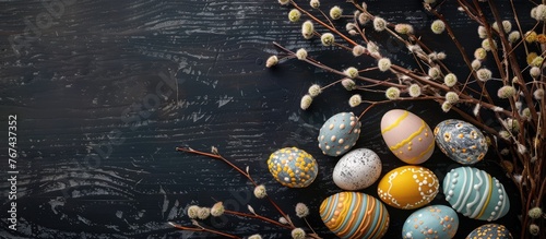 A still life arrangement of decorated Easter eggs, dry willow branches, on a black wooden background, viewed from above with space for text.