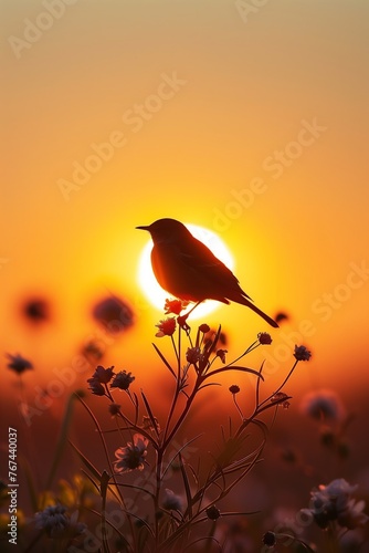 Silueteado contra el lienzo ardiente del sol poniente, un ave solitaria se posa en paz, su silueta una nota delicada en la sinfonía visual del crepúsculo.