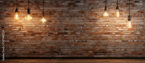 An image featuring a sturdy brick wall adorned with three illuminated light bulbs suspended from it