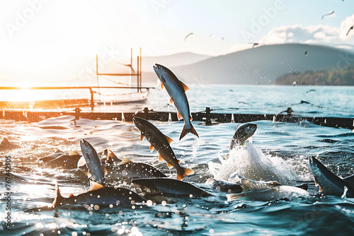 Salmon fishes jumping from the water on salmon fish farm in ocean with round floating fish cages. Fish farming concept