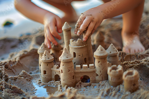 a child's hands building a sandcastle on the beach, the gritty texture of wet sand and the meticulous attention to detail a testament to the imaginative play and creativity of summertime