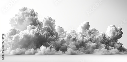 A monochromatic image of a sizable cumulus cloud in the sky against a white backdrop, creating a stark contrast. The natural landscape below includes asphalt road, trees, grass, and horizon line