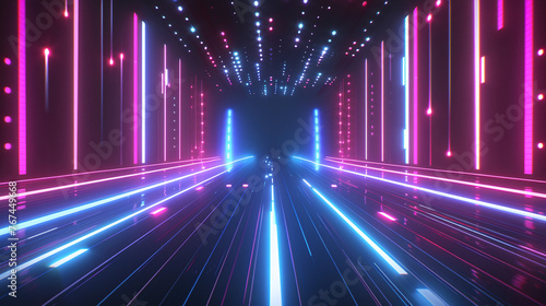 A neon tunnel illuminated by pink and blue light streaks, creating a futuristic and dynamic atmosphere with a vanishing point. 