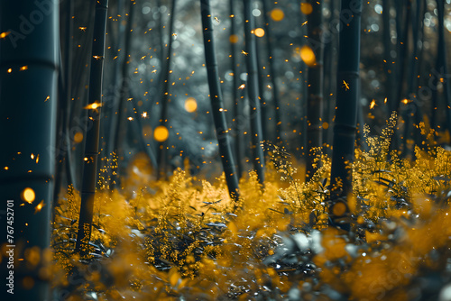 lights of fireflies beetles in the evening bamboo forest. fauna and flora in nature