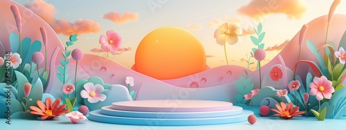 Summer podium background 3D product display beach cosmetic scene sale. Background summer podium sea stand stage beauty sky platform shop water placement theme ad template mockup travel blue banner.