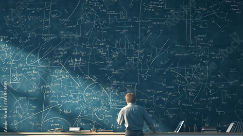 A focused mathematician intensely solves complex equations on a chalkboard, showcasing mathematical symbols and theories in a dimly lit room, embodying academic rigor