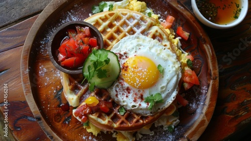  a plate of waffles topped with fried eggs, tomatoes, cucumbers, and avocado.