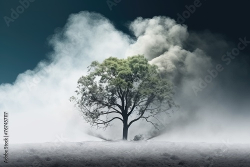 Conceptual image of a lone leafless tree on a dry cracked land against a moody sky, depicting drought and climate change. Solitary Tree on Cracked Earth Concept