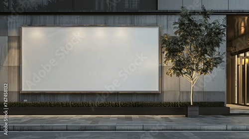 A blank store sign presents a mockup opportunity for logo branding, suspended on a wall and suitable for a variety of business types