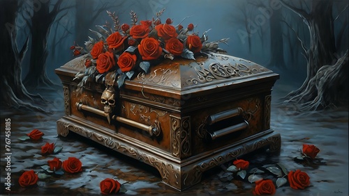 A grimly enchanting time capsule, frozen in macabre elegance a rusting casket adorned with intricate carvings of skulls and roses, set against a backdrop of swirling mist and moonlit shadows. This hau