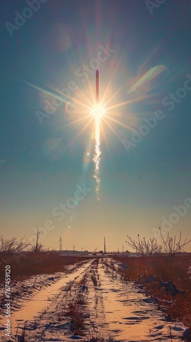 Rocket ascending midday sun