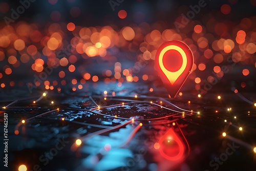 Red map pin in cityscape and network connection, indicating the city destination on the map and connection concept. Red map marking, place locating icon. Generative AI