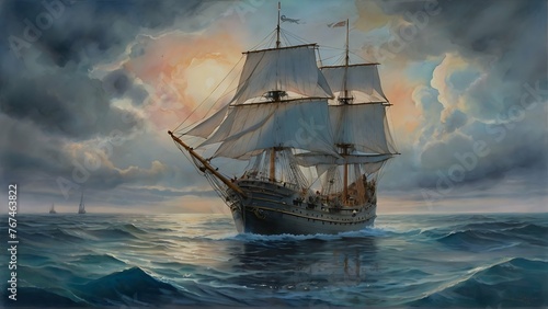 An elusive ornamental temporal trawler drifts through a dreamlike watercolor seascape, its intricate details standing out vividly against the soft, ethereal background. The main subject is a fantastic