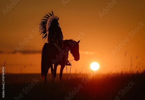 Silhouette of Native American Indian on horseback and spear ready to use against sunset sky. Traditional red indian tribal man, headdress & spear.