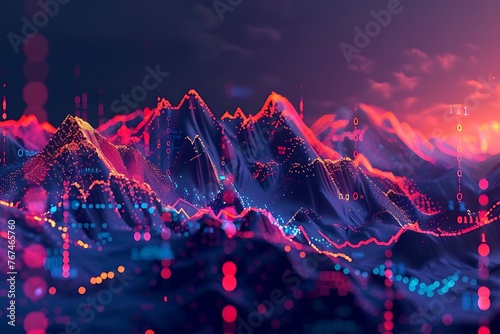 Business digital glowing data curves & graphs with mountain range representing the growth of stock market. Investment, financial charts, growth, trading, global, data points, candlestick chart.