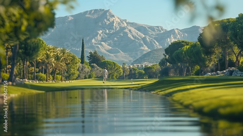 Golfer auf einem luxuriösen Golfplatz. Man sieht es von hinten und er hat gerade geschossen, Konzept Luxussport