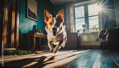 Portrait of a cute red welsh corgi dog jumping in the room