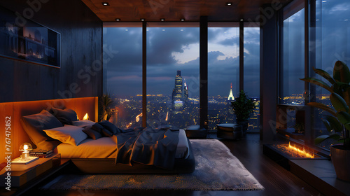 Night scene, Modern style luxury black master bedroom with city view