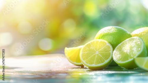 Limão fatiado em uma mesa com o fundo desfocado