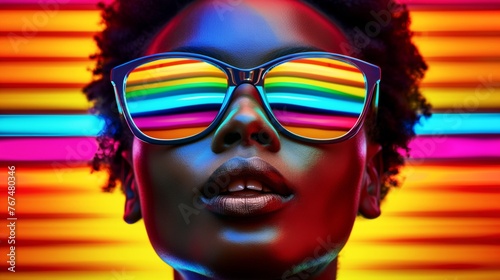 A close up portrait of a black woman with rainbow pride colours reflected in her sunglasses in front of a rainbow coloured background.