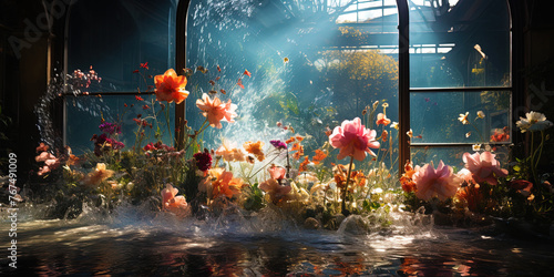 The exciting water curtain, framed by beautiful flowers, like a picture embroidered with a mast