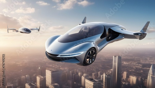 Futuristic Photorealistic Flying Car Soaring Thro
