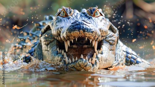 A crocodile in water with rugged texture of its skin, sharp gleam of its teeth and an intense gaze staring directly into the camera