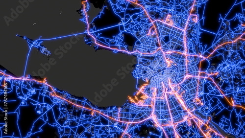 The street map of Saint Petersburg (Russia) consists of blue glowing neon lines on a black background. Top view of the city center with the road network. The border of water and land.