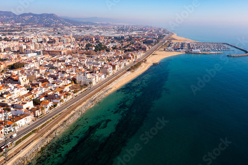 Bird's eye view of coastal town Premia de Mar in comarca of Maresme, Catalonia, Spain.