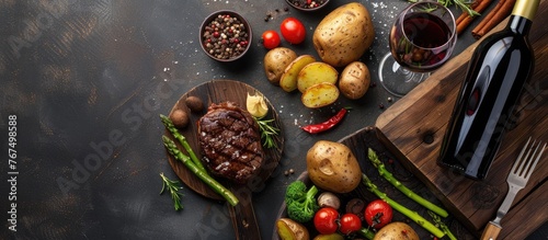 Steak served with baked potatoes and asparagus on a wooden board, accompanied by wine and spices, shown from above with room for text.