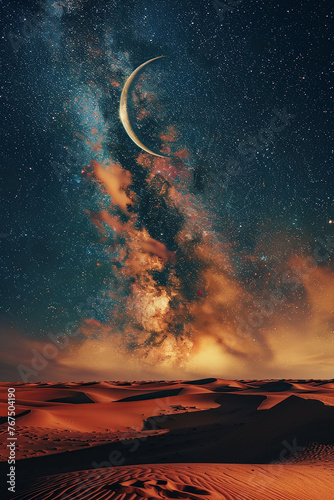 Generative AI Image of Arabian Desert View with Crescent Moon and Galaxy in Night Sky