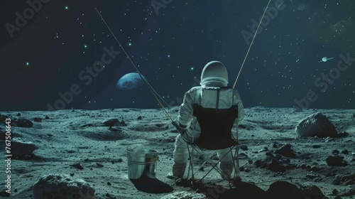 A cosmonaut sitting on a chair on the moon holding a fishing rod in front of him, he sinned stars that he put in a bucket next to him, view from behind 