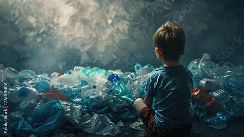 Back view of child in a dump of plastic waste - The back view of a child among an expanse of plastic trash reflects the overwhelming pollution problem