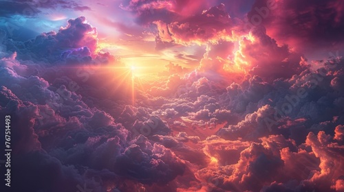 A ray of sunlight streams through the clouds illuminating a peaceful landscape and illustrating the idea of consciousness as a guiding force in the universe shining light