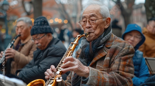 A group of older men gathers to play woodwind instruments, their music filling the air with melodic charm.