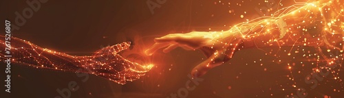 Craft a visually striking graphic depicting a human hand reaching out to touch a glowing AI interface, signifying the emotional connection in symbiotic relationships Use warm tones and soft lighting t