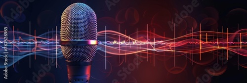 Vocal microphone with soundwaves on wide banner for podcasting and audio recording (singing, speaking, etc) 
