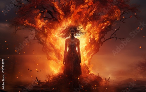 woman harnessing the power of fire. Delve into serene beauty of a shamanic girl playing frame drum in nature, skillfully crafted with blend of digital drawing and painting techniques.