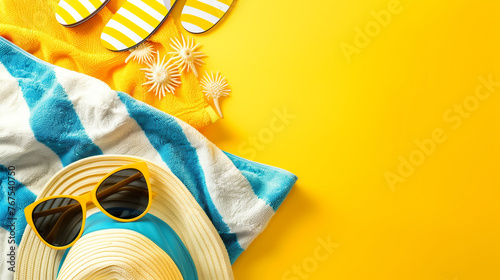 A stylish hat, trendy sunglasses, and soft towel laid out on a bright yellow background, ready for a day of fun in the sun