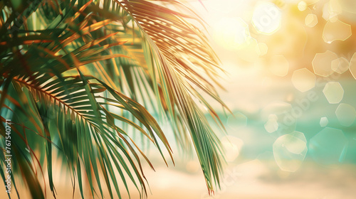 A vibrant palm tree fills the frame, its fronds swaying in the gentle summer breeze against a dreamy, blurred background