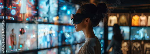 stylish woman standing in a soho loft while looking at an virtual reality fashion avatar surrounded by virtual clothes.future work concept