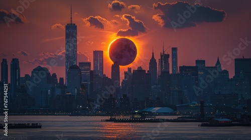 A large solar eclipse is setting over a city skyline.