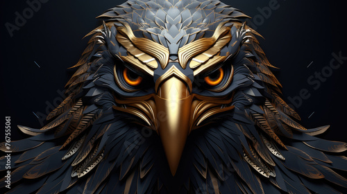 3d metallic gold eagle head on black beautiful texture background. Beautiful 3D print design for interior, wall, wallpaper, canvas. Video game logo