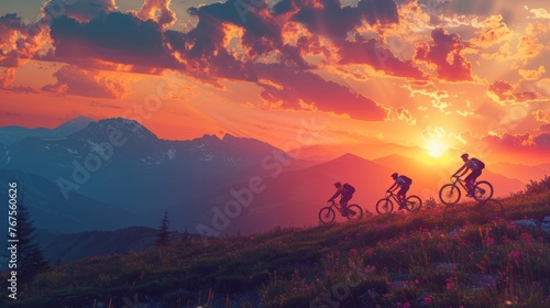 A trail bike trip in the sunset mountain landscape in a row