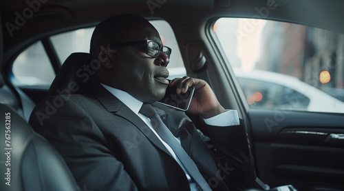 Professional businessman in suit discussing on phone during commute in the back seat of the car