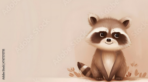illustration of a cute cartoon raccoon on a light brown background with copy space, a background with an empty area for text