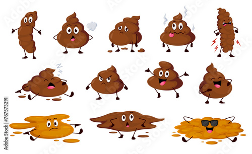 Poo happy, angry, sleeping and foolish cartoon emoji. Excrement cartoon personages, foolish toilet shit isolated vector emoticon or poop cute characters. Sad, angry and happy poo funny emoji set