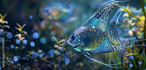 An iridescent angelfish gliding gracefully through crystal-clear waters, its fins trailing elegant patterns. 
