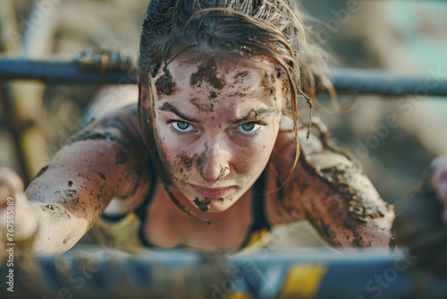 女性たちが障害物レースで泥だらけでスパルタの競技を戦っている 